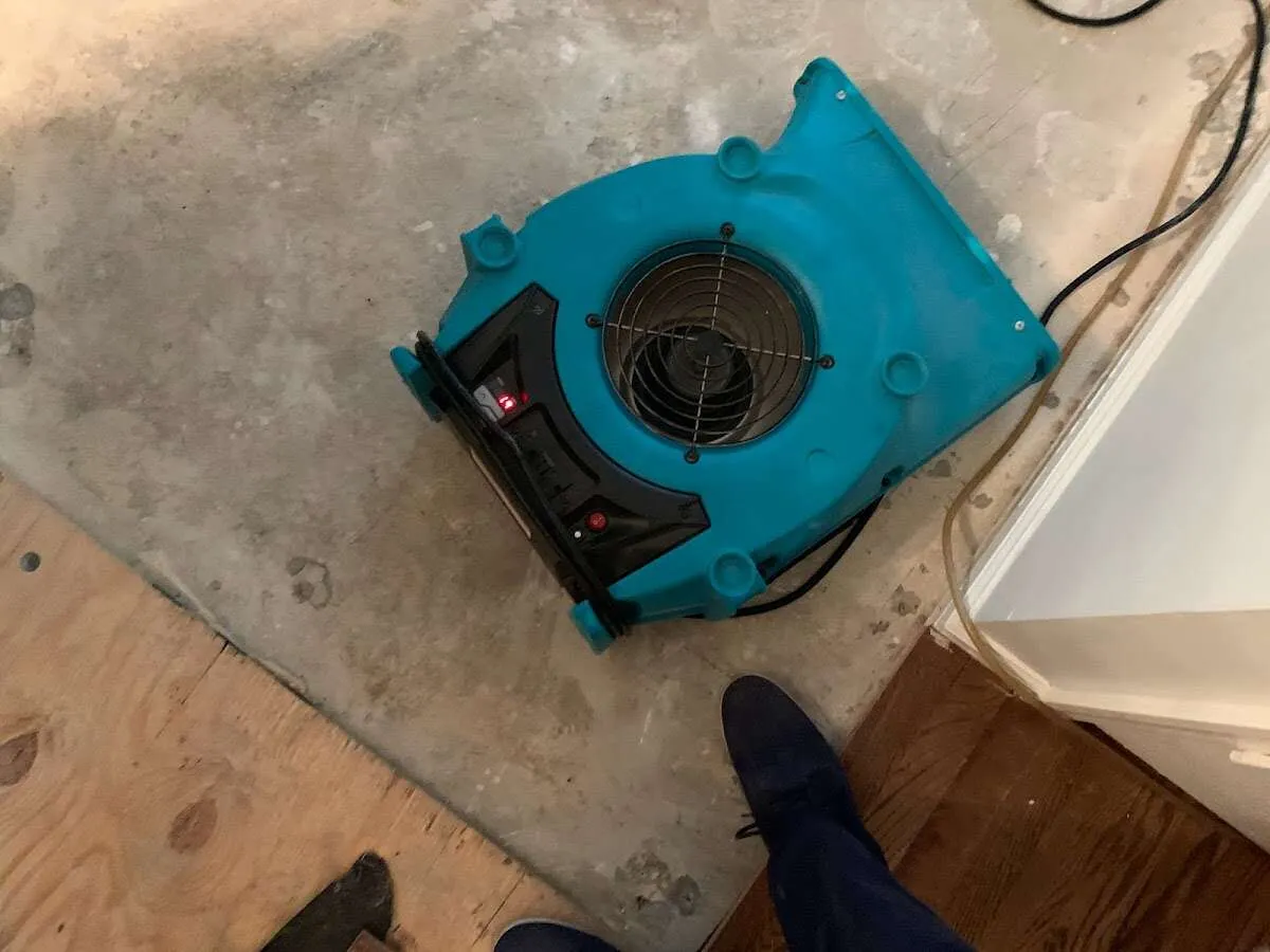Air mover drying subfloor during Commercial Water Damage Restoration in Germantown